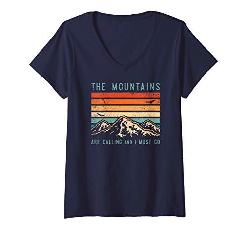 Mulher Mountains are Calling & I Must Go retro vintage 80s Mountain t-shirt decote em V, Azul, S