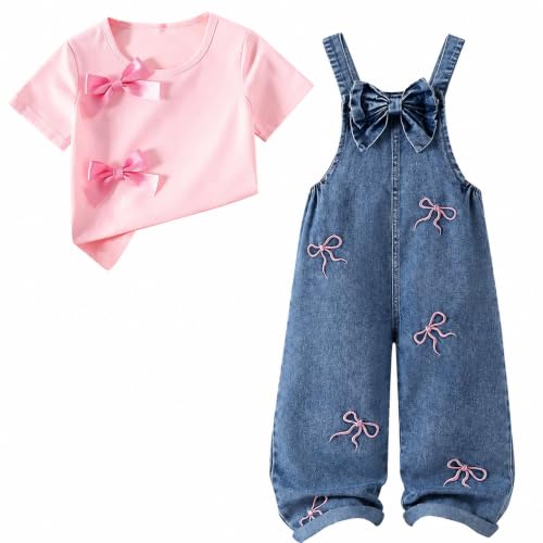 Axumity - Axumity Girls 2 Piece Outfit Set: Denim Overalls & Butterfly Bow Top for Girls 7-8 Years - Best Deal on Amazon