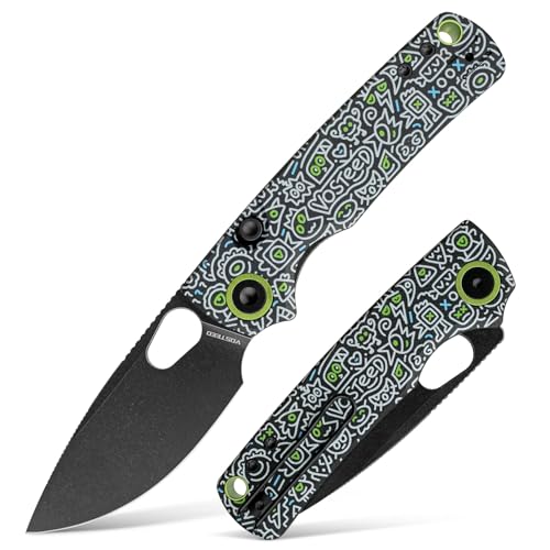 Vosteed Porcupine EDC Pocket Knife - 2.99" 14C28N Black Stonewash Blade - Top Liner Lock, Doodle Monster™ G10 Handle - Camping, Hiking Knives - A2619