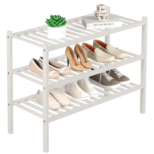 3 Tier Bamboo Shoe Rack for Closet Free Standing Wood Shoe Shelf Storage Organizer for Entryway Small Space Stackable 27"x11"x20" (White)