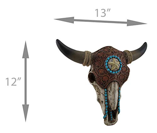 Ll Home Distressed Tooled Leather Star & Turquoise Accent Southwestern Country Bull Cow Skull Hanging Wall Décor, One Size, White/Brown/Turquoise/Gold/Black #TOP3