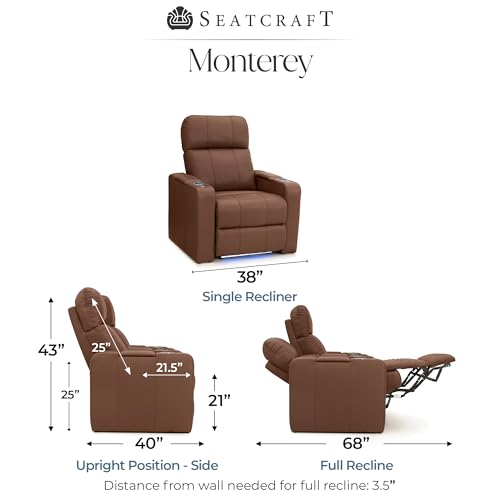 Image of Seatcraft Monterey Tobacco Italian Leather Home Theater Seating, Zero Gravity Power Recliner, Gaming and Home Office Chair, Powered Headrest Furniture for Family Cinema Room, Single Recliner