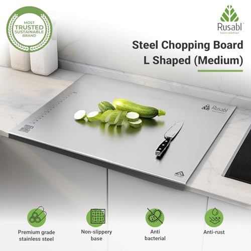 Image of Rusabl L-Shaped Steel Chopping Board for Kitchen, L-Shape, 36 x 28 x 0.1 cm | BIS Certified, 304 Food-Grade, Anti-Rust, Cutting Veggies, Kneading Dough