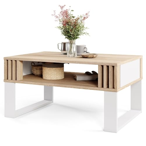 Viosimc Table Basse Moderne avec Lattes Bois Décor - Design Fonctionnelle, Élégante et Pratique...