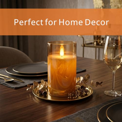 Image of LTETTES Real Wax Led Candle with Glass Cup | Flameless Flickering Wick | Amber Glass Finish | Battery Operated with Remote Controller | Decorative Candle for Home, Festival & Gifting | D-3 inch x H-5 inch