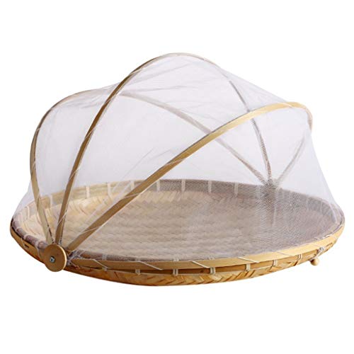 Handmade Woven Fruit Vegetable Basket With Net Round Wicker Tray Food Bread Dishes With Gauze Mesh Drying Food Storage Dustpan