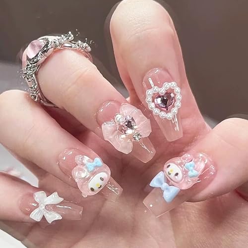 24PCS Cute Kawaii 3D False Nails - Fake Nails with Glue - 12 Sizes Medium Press on Nails with Pearl Heart Bow Design - Glossy Full Cover Artificial Stick on Nails for Women Girls Nail Art Accessories