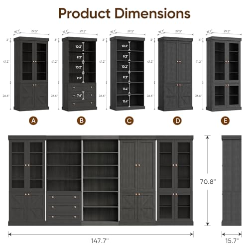 Image of ivaniti 70.8 inch Tall Bookshelf with Doors, Farmhouse Modular Bookcase with 4-Tier Adjustable Shelves, Large Storage Cabinet for Home Office, Living Room, Black, Set of 3