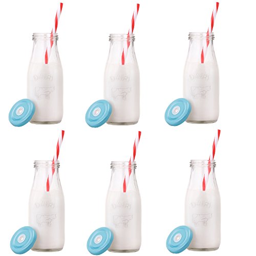 VonShef Set of 6 Retro/Vintage 10-Oz Milk Bottle Drinking Glass Set with Reusable Straws & Lids