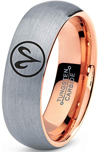 Horoscope Zodiac Astrology Aries Ring - Tungsten Band 8mm - Men - Women - 18k Rose Gold Step Bevel Edge - Yellow - Grey - Blue - Black - Brushed - Polished - Wedding -Dome Flat Cut