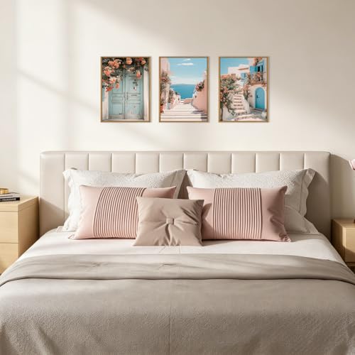 Image of KAIRNE Italy Amalfi Coast Cityscape Framed Canvas Wall Art Set,Neutral Italian Mediterranean Wall Decor,Greece Island Landscape Wall Painting,Florida Beach Artwork for Living Room,Bedroom-12 x16 x3