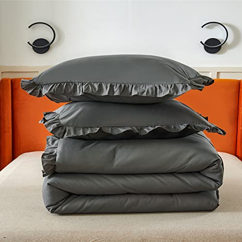 Vethin Vintage Ruffle Comforter Set With 1 Comforter And 2 Pillowcases For All Season Soft Microfiber Down Queen Bedding Comforter Full Size Sets(King, Grey-1) #TOP6