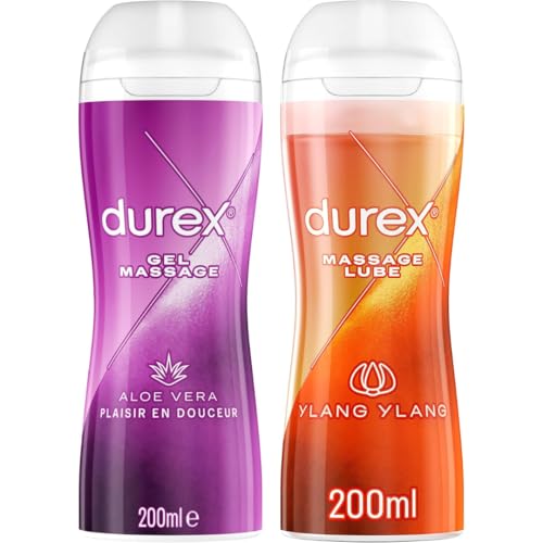 Durex - Lot de 2 Gels De Massage Lubrifiants Douceur À Base D'Eau - 2 en 1 - Aux Extraits d'Aloe Vera & d'Ylang Ylang - Lot de 2 x 200 ml