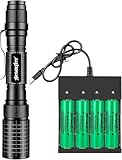 Skywolfeye LED Flashlights 4-pcs Rechargeable Batter￵y and Battery Charger 4 Bay Dual Power Flashlight with Clip 5 Modes Water Resistant High Lumen for Hiking Camping Hunting Fishing