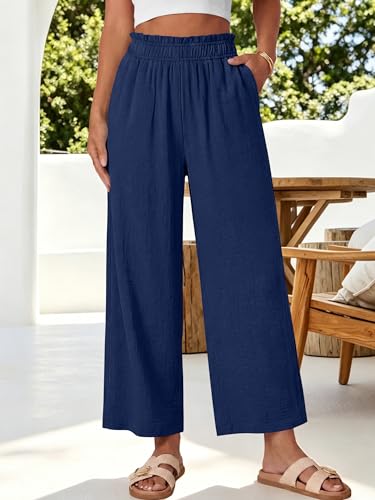 Image of ANRABESS Womens Wide Leg Cropped Palazzo Pants | Lightweight Breathable Elastic High Waisted Pants, Beach Vacation Flowy, Lounge & Casual Summer Trousers with Pockets