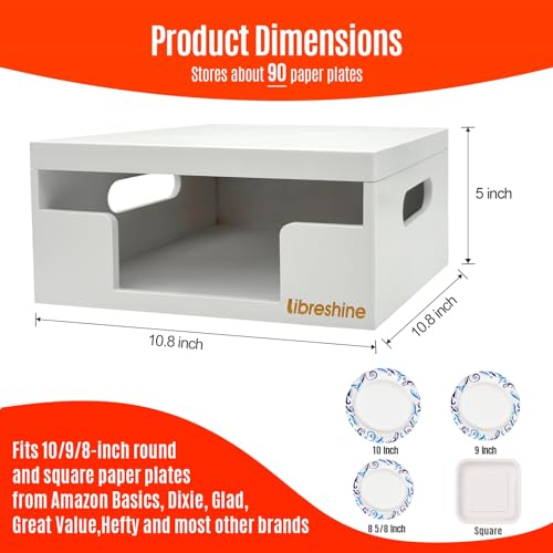 Libreshine 8-10 Inch White Paper Plate Holder Dispenser, Stackable Bamboo Organizer for Disposable Plates, Bowls & Air Fryer Liners, Space-Saving Cabinet/Countertop Storage for Kitchen, Pantry, Camper
