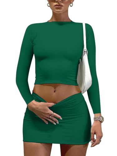 Image of LAGSHIAN Women Sexy 2 Piece Outfits Long Sleeve Crop Top Bodycon Mini Skirt Club Suits Dress