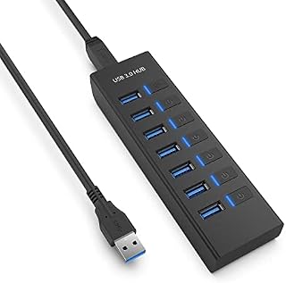 USB HUB, JESWO USB Hub 3.0 - 7 Port USB Extension with Individual Switch with LED Indicator, 5V Power Port, 100cm Long Cable, Multi Port USB Splitter Extender for Laptop PC Macbook Pro and More