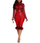 VERWIN Sequins Patchwork Bodycon Dress Women's Long Sleeve Dress Elegant Dress Plume Maxi Dress P...