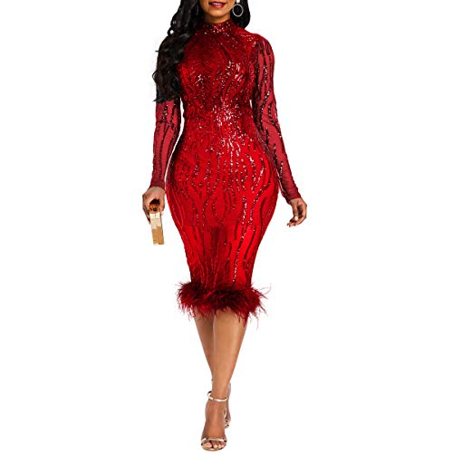 VERWIN Pailletten Patchwork Bodycon Kleid Damen Langarm Kleid Elegant Kleid Plume Maxikleid Partykleid, Rot/Ausflug, einfarbig (Getaway Solids), XX-Large