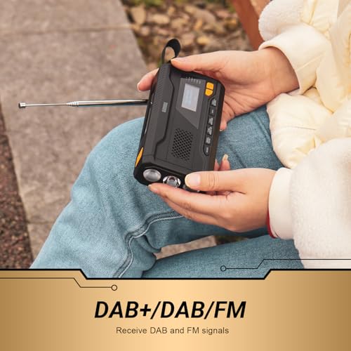 Kurbelradio DAB/FM/Bluetooth -August MB290B- Solar Radio 4500mAh wiederaufladbare Powerbank, 3 Modi LED Taschenlampe Sleeptimer SOS-Alarm 3.5mm Notfallradio mit Handkurbel für Camping Wandern Zelten