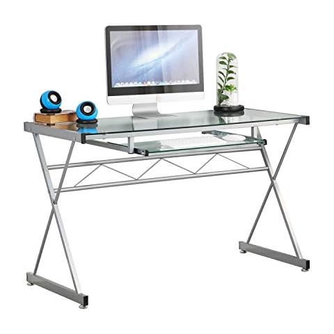 Mesa de Cristal Templado para Ordenador con Estante para Teclado Cover