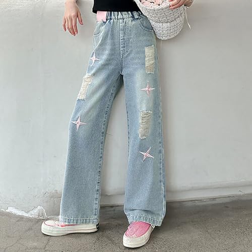 Ripped Jeans for Girls Baggy Star Wide Leg Denim Pants Kids Elastic Waist Trousers Casual Trendy Streetwear with Pockets4