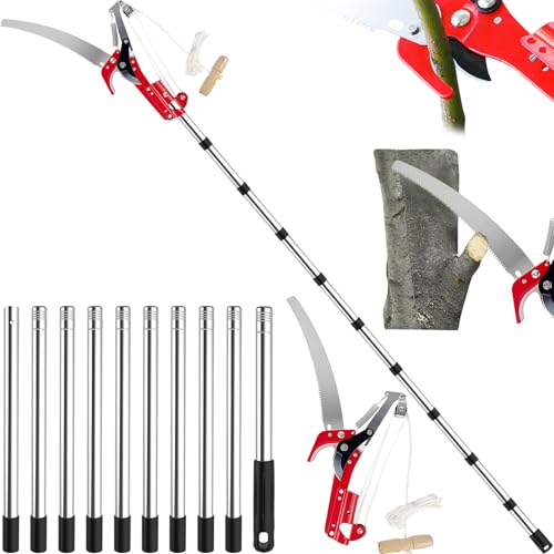Coupe Branche Telescopique avec Lame en Acier au Carbone SK5, Secateur Telescopique 2 en 1, Scie à Élaguer Extensible Réglable 82 à 402 cm, Echenilloir Télescopique pour Élagage Palmiers Arbustes