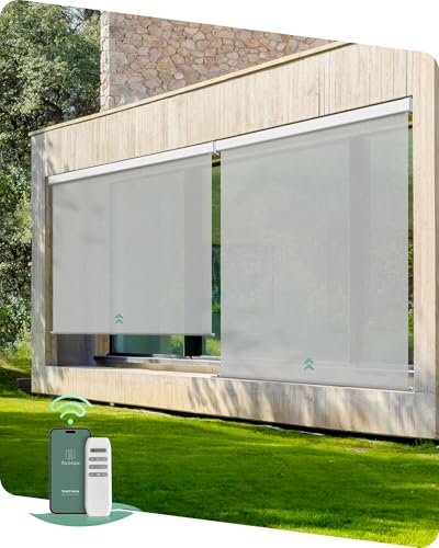 Yoolax Motorized Outdoor Shades Smart Retractable Patio Screens Compatible with Alexa Google, Remote Control Blinds for Porch Patio Waterproof Roller Shades 5X8ft (3% Openness Paine Grey)