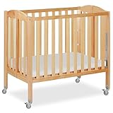 Dream On Me 3-in-1 Portable Folding Stationary Side Mini Baby Crib in Natural & Mattress, GreenGuard Gold & BSA, Use as Changer & Playpen, Locking Wheels, 3 Mattress Heights, Extra Firm Mattress
