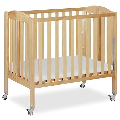 Image of Dream On Me 3-in-1 Portable Folding Stationary Side Mini Baby Crib in Natural & Mattress, GreenGuard Gold & BSA, Use as Changer & Playpen, Locking Wheels, 3 Mattress Heights, Extra Firm Mattress