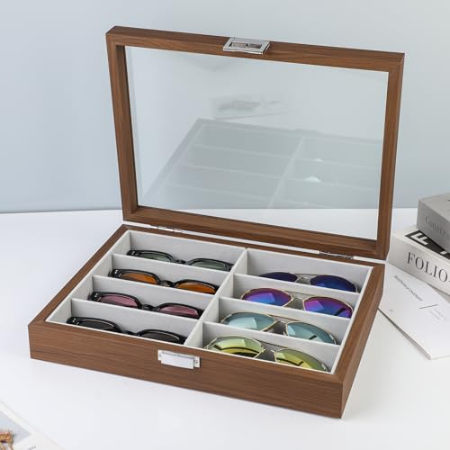 BAOJULONG Wooden Sunglasses Organizer Box, Eyewear Display Eyeglass Case for Men Women, Glasses Storage Box Sunglass Holder Gifts (8 Slots)