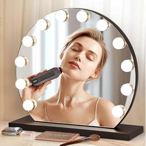 Proyatech Hollywood Vanity Mirror with Lights USB Charging Port Round Makeup Mirror 12 Dimmable LED Bulbs 3 Lighting Modes Touch Screen Control Tabletop Mounted Cosmetic Mirror for Bedroom Cover