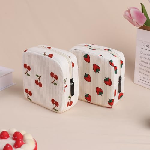 Image of Period Bag for Women, Portable Corduroy Sanitary Napkin Storage Bag Cherry Period Pouch with Zipper, Sanitary Pads Bag Tampons Holder for Purse, First Period