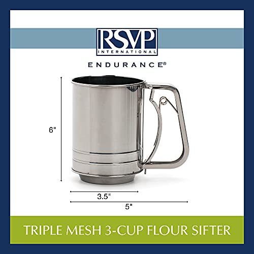 Rsvp International Endurance® Stainless Steel Triple Mesh Flour Sifter, 3 Cup | Sift Flour & Dry Ingredients For Baking | Manual Squeeze | Dishwasher Safe #TOP6