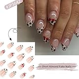24pcs Short Almond Press on Nails with Glue, Leopard Print French Tip False Nails - 12 Sizes Cherry Design Full Cover Stick on Nails for Women Girls - Image 2