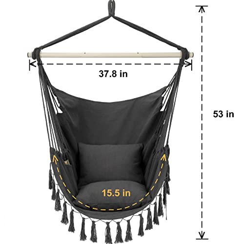 Image of Y- STOP Hammock Chair Hanging Rope Swing, Max 500 Lbs, 2 Cushions Included, Large Macrame Hanging Chair with Pocket, Cotton Weave for Superior Comfort, Durability (Dark Grey)