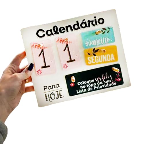 Calendário Mesa Permanente Madeira Home Office Troca Frases Decoração Com Argolas (Branco)