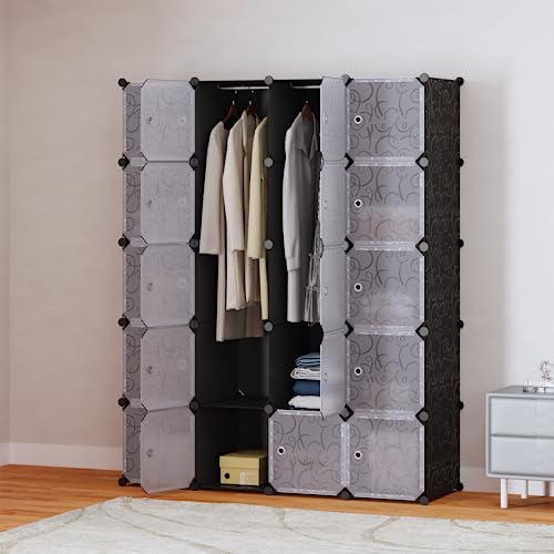Mondeer 35x45cm Regalsystem Kleiderschrank, 20 Würfel Wardrobe mit 3 Kleiderstangen, Stapelbar Faltschrank mit Tür, für Schlafzimmer Kleidung Schuhe Spielzeug, Schwarz und Weiß 145x47x181cm