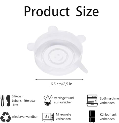 Silikondeckel, Silikon Deckel Stretch, Silikondeckel Dehnbar, für Feinkostgläse, Schüsseln, Becher, Obst, Transparent, 6.5 cm, 6 Stück