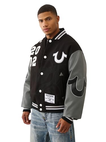 True Religion Men's Boxy Varsity Jacket – Snap Front Bomber Style with Embroidered Logos