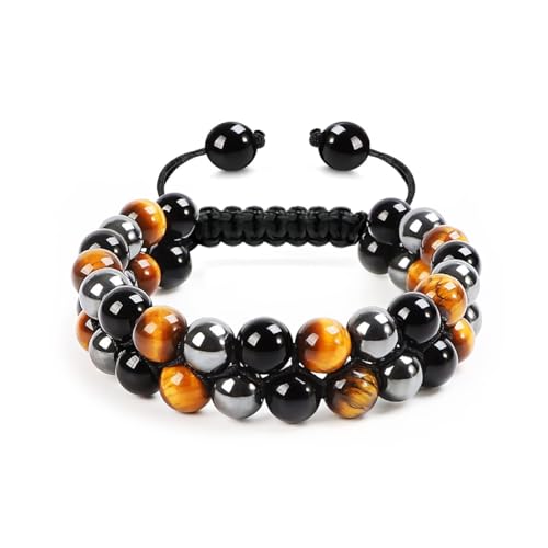 Triple Protection Bracelet, Protect & Balance, Energy Crystal Bracelets for Men Women, Bring Good Luck & Prosperity, Tiger Eye Hematite & Black Obsidian Jewelry Natural Stone Healing Bracelet (Brown)