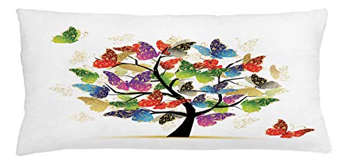 Lunarable Tree of Life Throw Pillow Cushion Cover, Shaded Animals Moth Tree Colored Wings Flying New Life Hope Theme Illustration, Decorative Rectangle Accent Pillow Case, 36