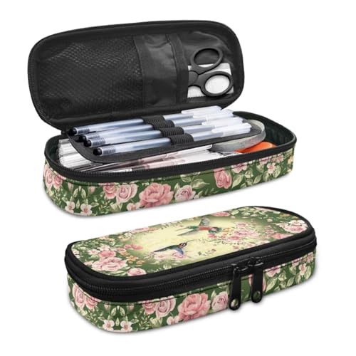 Image of Hummingbird Rose Flower Pencil Pouch Organizer, Multi-Slot Pen Case Pencil Holder Makeup Bag Spacious Pencil Box Holder with Zipper