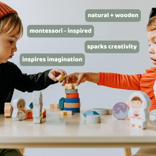 Image of Toddler 30 Piece Stacking Wood Blocks Space Gift - Montessori 2 Year Old Fine Motor Skills Toy Learning Stacking Shape Sorter Sensory Preschool Busy Journey to the Moon (Book and Block Set, Wood)