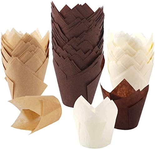 BAKHUK 200pcs Tulip Cupcake Baking Cups, Muffin Baking Liners Holders, Rustic Cupcake Wrapper, Brown, White and Nature Color