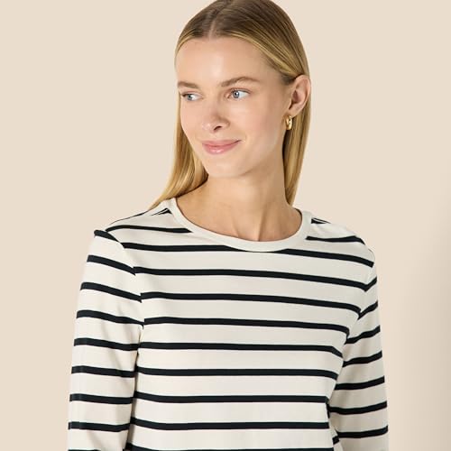 Amazon Essentials Camiseta de Cuello Redondo, Manga Larga, Corte Regular, 100% Algodón Mujer, Cáscara de Huevo Negro Mariner Rayas, M