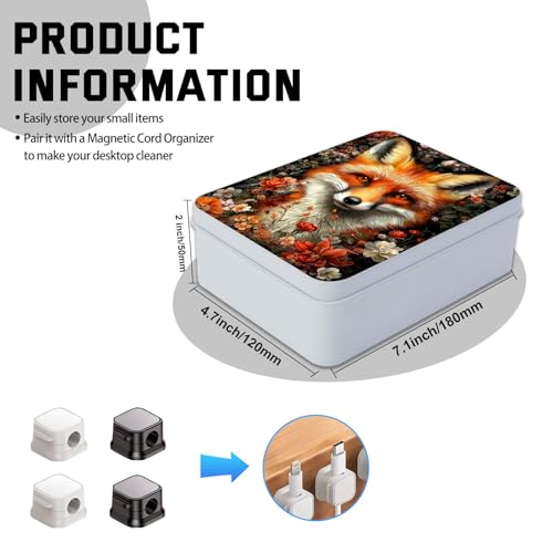 Image of Metal Tin Box with Lid,Multi-functional Storage Large Box Can Store Tea Biscuits Game Cards, Playing & Tarot Cards-Comes with 4 Magnetic Cord Clips,Fox Surrounded by Flowers