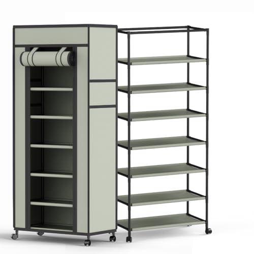 HESTIADA Mueble Zapatero de tela gris estrecho armario de 7 niveles metálico practico ligero fácil