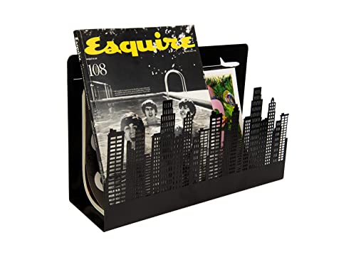 FISURA – Revistero original de suelo “skyline”. Revistero moderno negro. Soporte para revistas de estilo industrial de 35 x 11 x 22 centímetros. Metal